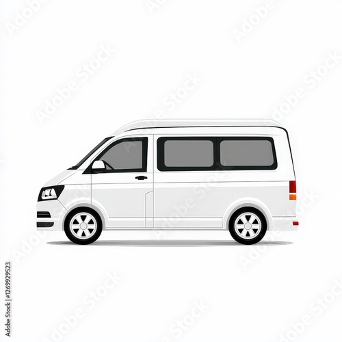 White van with flat roof parked on city street in urban environment during daylight hours