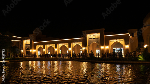 Luxury Waterfront Scene with Traditional Islamic Architecture in a Middle Eastern Country