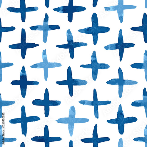 Blue hand painted crosses background. Seamless vector pattern