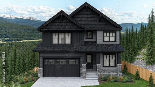 Modern house exterior nestled in forest with mountain backdrop. Real estate, architecture