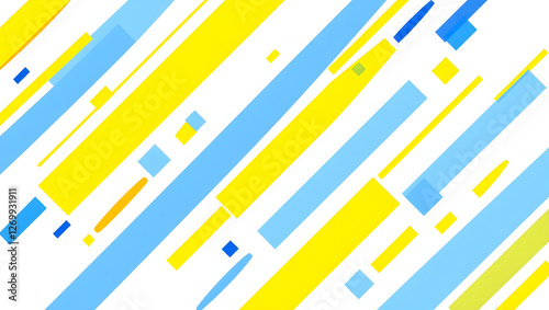 A dynamic, abstract composition featuring a variety of geometric shapes, including triangles, rectangles, and diamonds, arranged in a diagonal pattern
