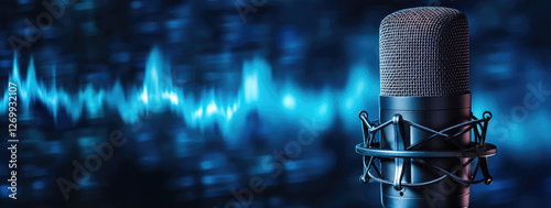 A microphone in front of a blue soundwave background, symbolizing audio recording or broadcasting.