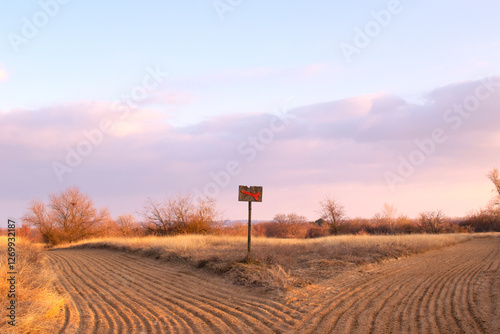 Plowed furrow road, in the dry field in a cloudy day,
Hungary