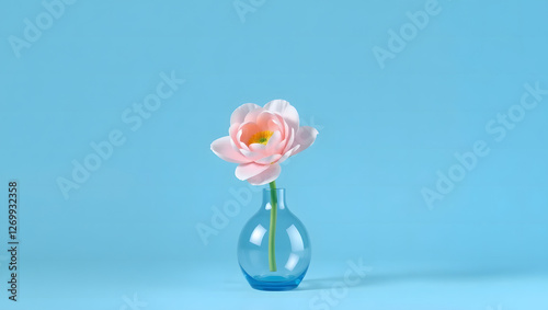 Photo of a single pink ranunculus flower in a clear blue glass vase, standing against a light blue background.