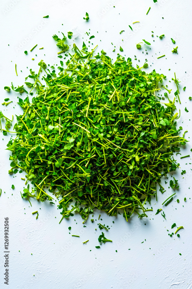 A pile of green sprouts on a white surface A pile of green sprouts on a white surface