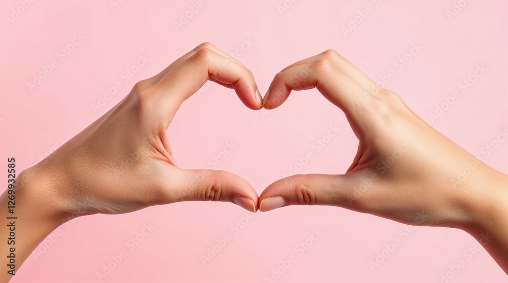Fototapeta premium Hands making heart shape, love symbol over Pink pastel background