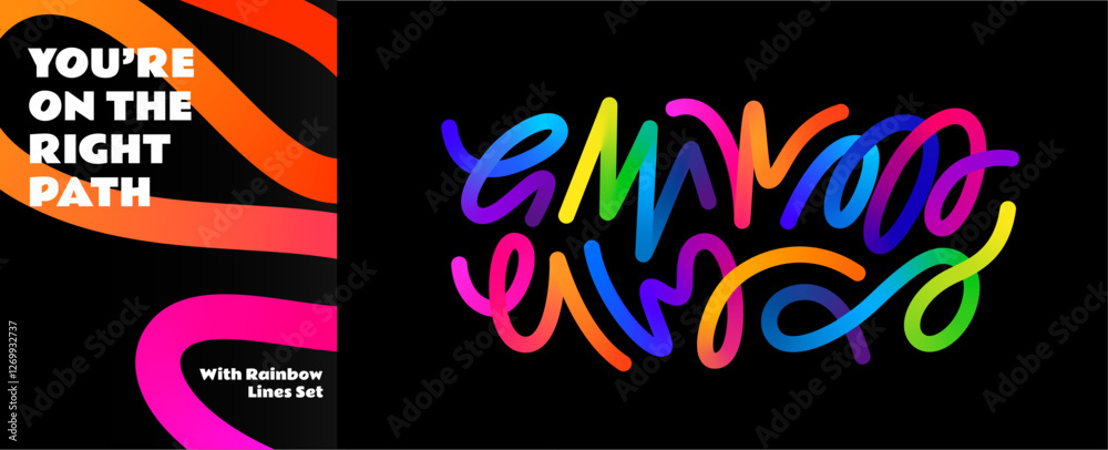 Fototapeta premium Lines with Color Gradient on a Black Background. Abstract Pattern of 3D Wavy Shapes. Vector Graphic of Rainbow Ribbons