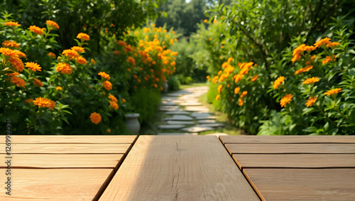 Photograph of a wooden table with a rustic, weathered texture, placed in the foreground. The background features a lush, green garden with vibrant foliage and blooming orange flowers