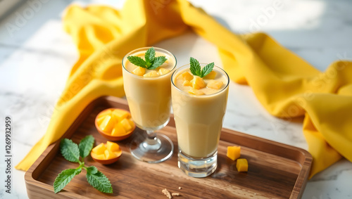 Two glasses of mango smoothie, one with a mint garnish, sitting on a wooden tray. The smoothie has a creamy texture and is topped with diced mango pieces. Generative AI.