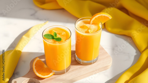 Two glasses of orange smoothie, one with a mint garnish, sitting on a wooden tray. The smoothie has a creamy texture and is topped with diced orange pieces