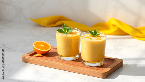 Two glasses of orange smoothie, one with a mint garnish, sitting on a wooden tray. The smoothie has a creamy texture and is topped with diced orange pieces