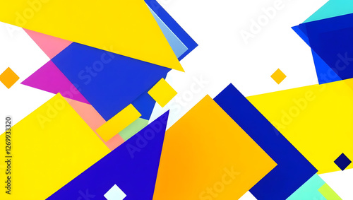 A dynamic, abstract composition featuring a variety of geometric shapes, including triangles, rectangles, and diamonds, arranged in a diagonal pattern