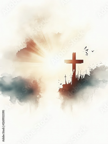 Cross on a Hill with Light Breaking Through the Clouds. Digital watercolor illustration