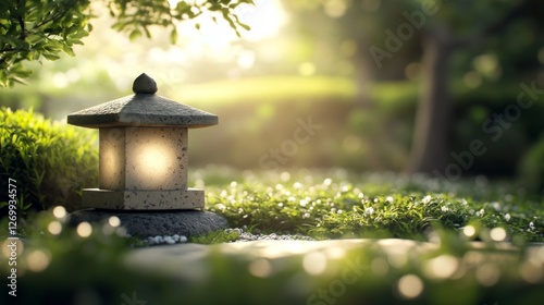 Peaceful Japanese Garden Lantern at Dawn photo