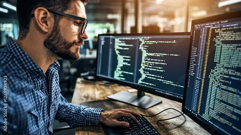 Programmer coding on dual monitors in busy office