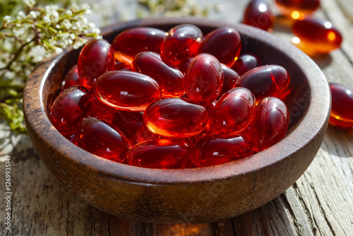 A wooden bowl filled with red fish oil capsules on a wooden table photo