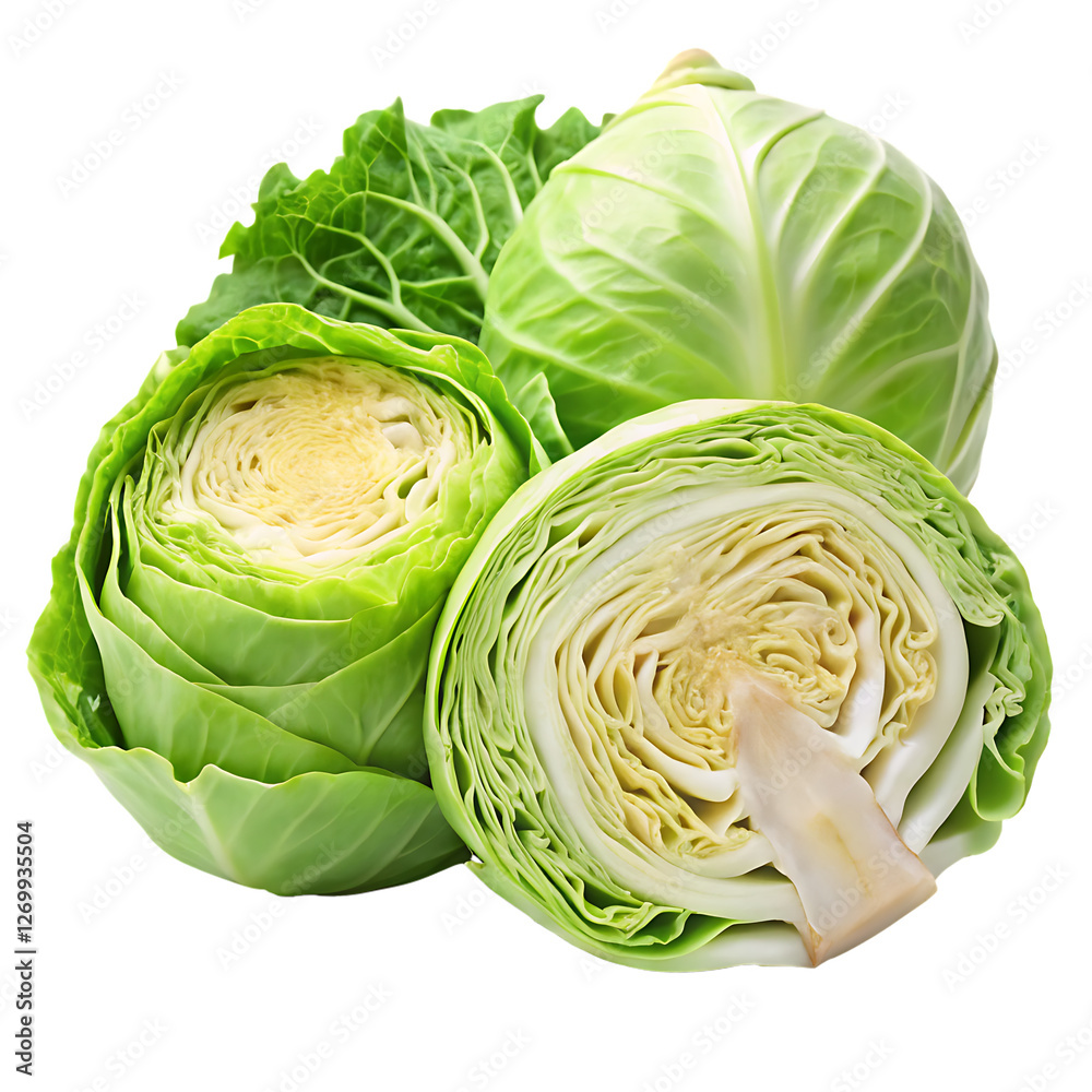 Fototapeta premium Fresh Green Cabbage Whole and Sliced Isolated on white background as Transparent Background, AI-Generated PNG