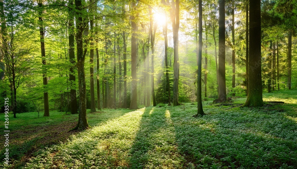 Fototapeta premium sun rays in a green forest in spring