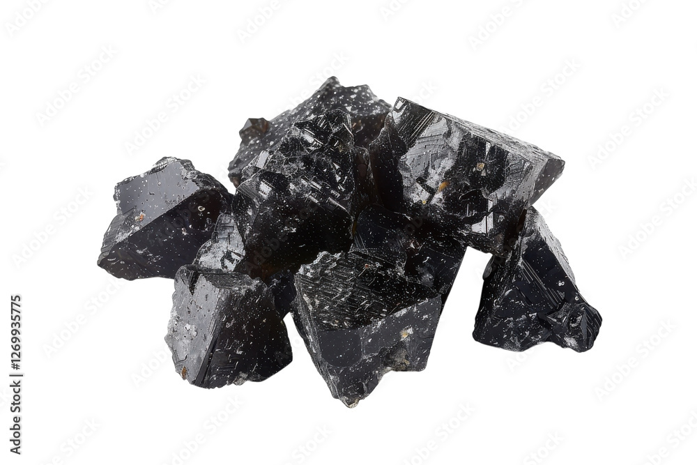 Obraz premium Natural black obsidian crystal chunks displayed artistically against a clean white surface isolated on transparent background