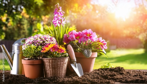 gardening concept garden flowers and plants on a sunny background