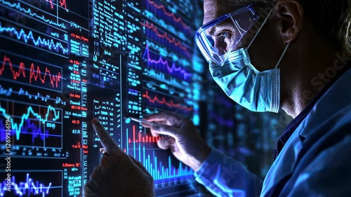 Scientist analyzes data on digital screen in lab with charts in background