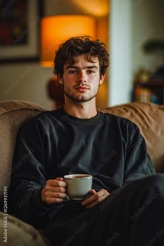 A man sitting on a couch holding a cup of coffee A man sitting on a couch holding a cup of coffee