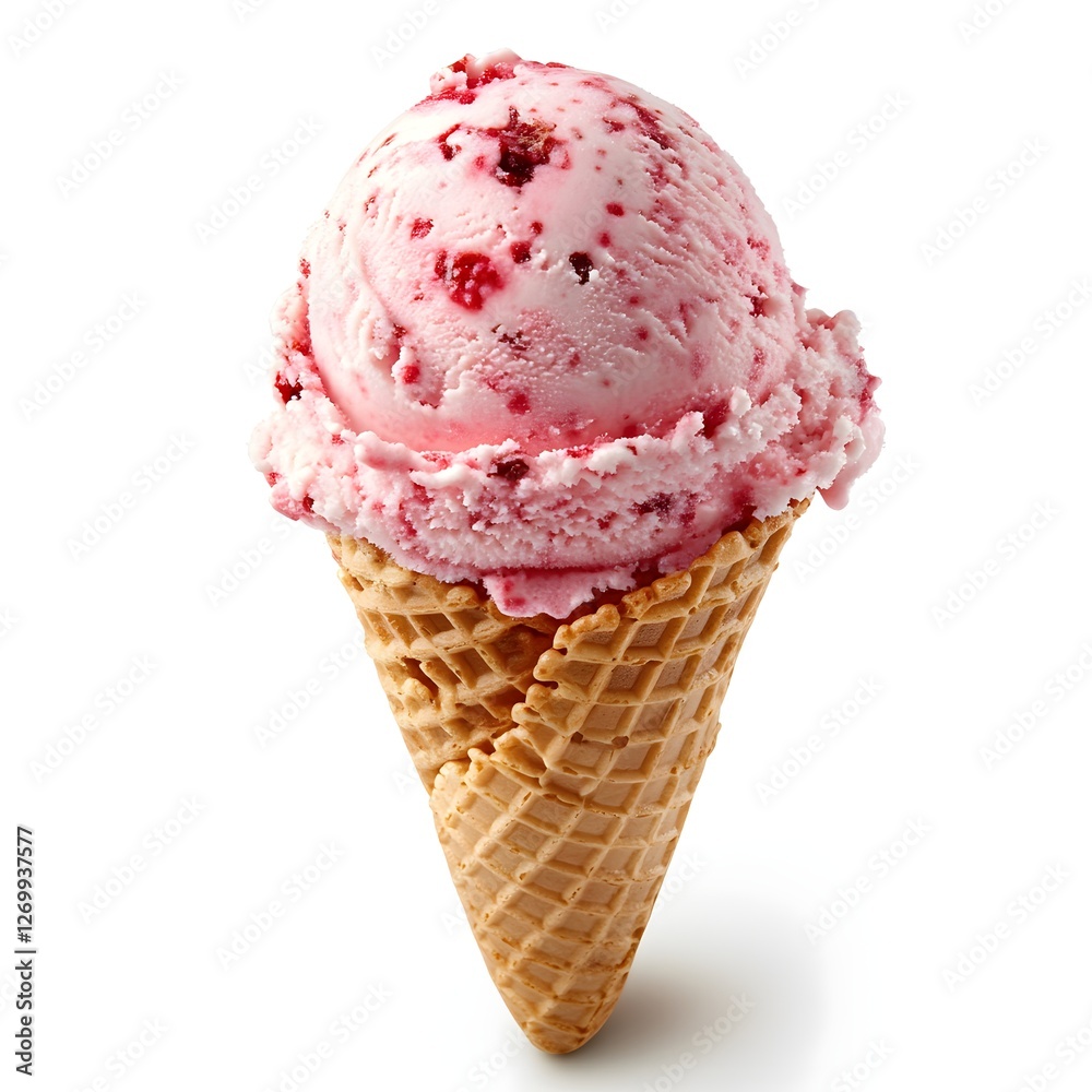 Delicious strawberry ice cream scoop served in a waffle cone for summer enjoyment Delicious strawberry ice cream scoop served in a waffle cone for summer enjoyment
