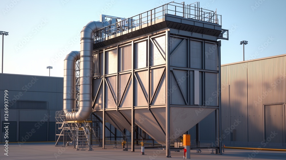 Fototapeta premium Industrial dust collector in a construction site, emphasizing air filtration and pollution control.
