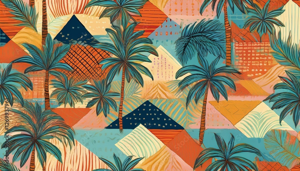 retro hand drawn tropical summer seamless pattern geometric shape patchwork tapestry background illustration vintage exotic nature mosaic print jungle palm tree texture retro hand drawn tropical summer seamless pattern geometric shape patchwork tapestry background illustration vintage exotic nature mosaic print jungle palm tree texture