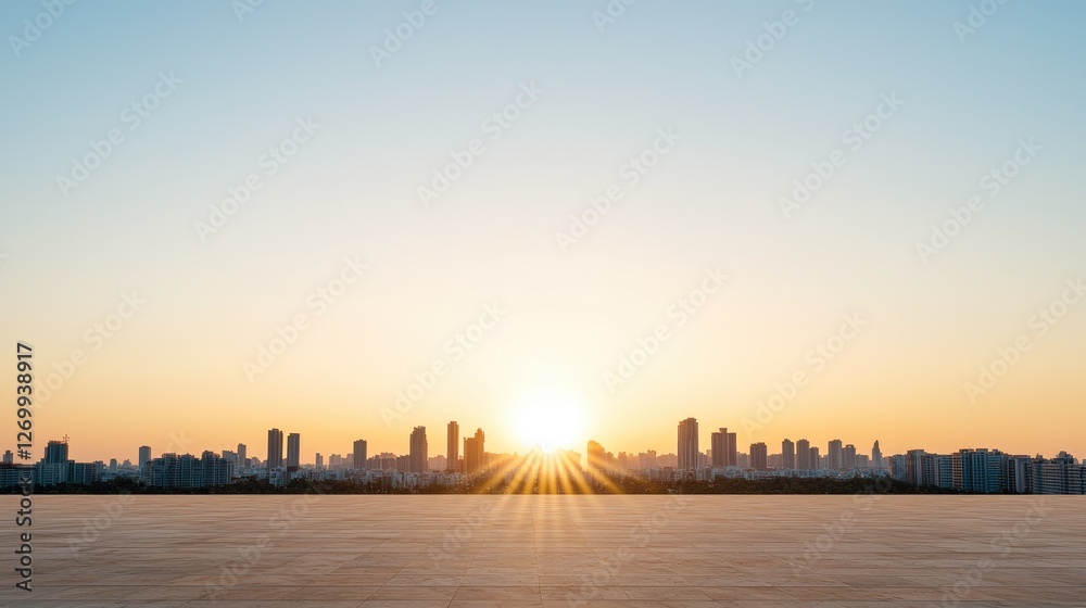 Empty rooftop overlooking city sunset Empty rooftop overlooking city sunset