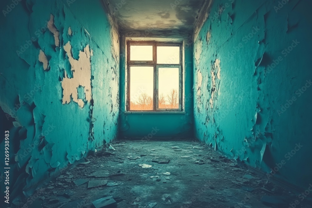 Fototapeta premium Sunlight streams through a broken window, illuminating the decayed walls of an empty building