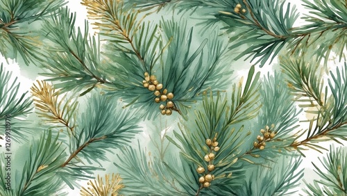 Beautiful watercolor pattern of pine branches with golden accents, capturing a natural feel
