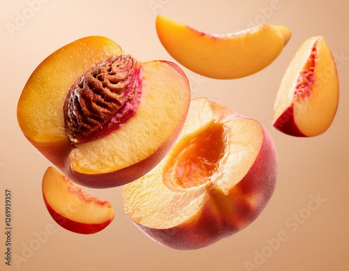 slices of ripe and juicy peaches in the motion flying in the air isolated on a pastel peachy background halves and slices of nectarines with seeds creative food concept vegetarian healthy diet photo