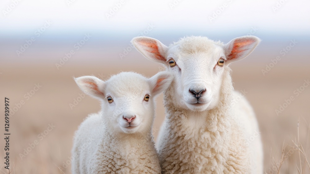Mother sheep and lamb in field, spring Mother sheep and lamb in field, spring