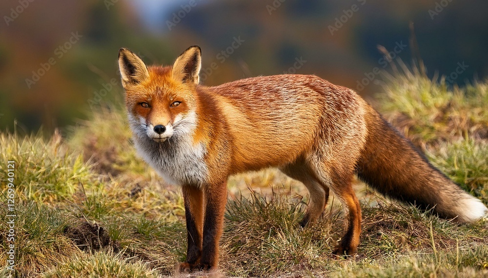 Obraz premium beautiful red fox vulpes vulpes with fluffy tail standing and facing camera