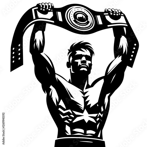 Champion boxer holding championship belt silhouette