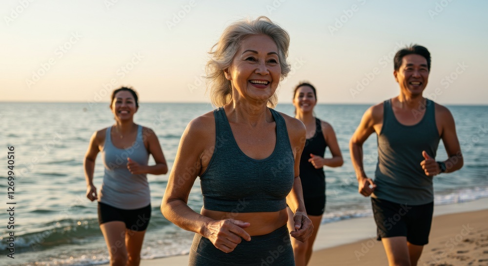 Active Seniors Jogging on Beach at Sunset, Healthy Lifestyle and Retirement Fun Active Seniors Jogging on Beach at Sunset, Healthy Lifestyle and Retirement Fun