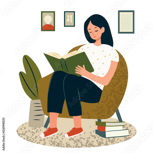 People reading books. girl sitting in armchair reading. Literature lovers, hobbies and education concept. Student enjoying a novel. Vector
