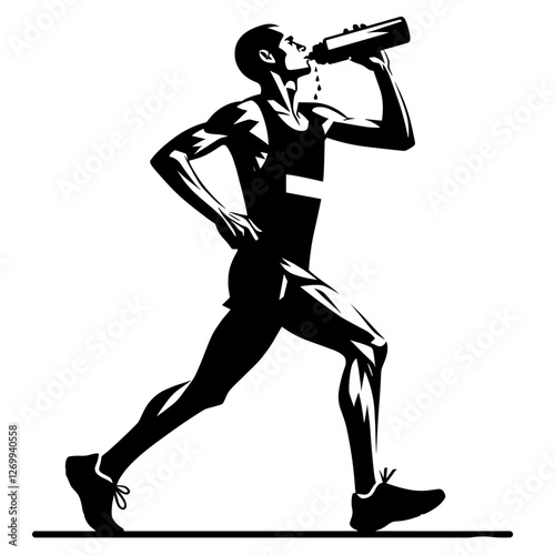 Marathon runner drinking water silhouette