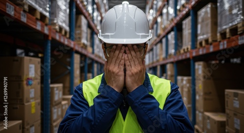 Warehouse Worker Overwhelmed by Stress and Exhaustion