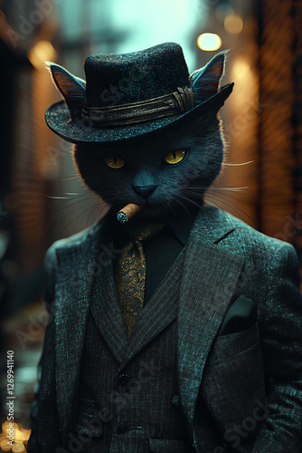 Image of a cute black mafia cat wearing a fedora and fancy suit and holding a cigar in its mouth in a dark, narrow alley
