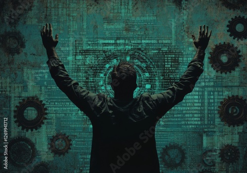Stylized silhouette of a male programmer and computer expert, making a gesture with binary codes in the background