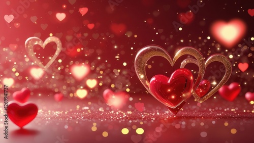 Romantic Red Background with Floating Hearts and Glowing Particles – Valentine's Day Theme, Dreamy Atmosphere, and Festive Holiday Mood