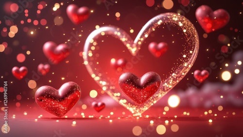 Romantic Red Background with Floating Hearts and Glowing Particles – Valentine's Day Theme, Dreamy Atmosphere, and Festive Holiday Mood