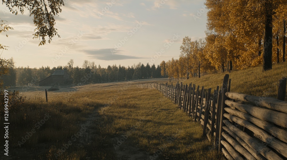 Serene Autumnal Countryside: A Rustic Wooden Fence and a Misty Meadow Serene Autumnal Countryside: A Rustic Wooden Fence and a Misty Meadow