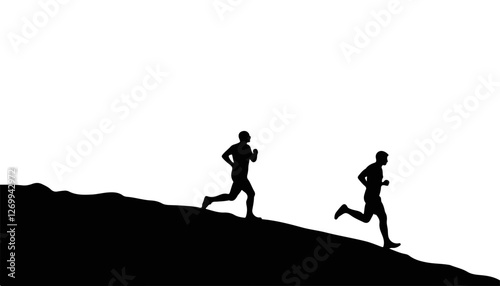 Silhouette of two runners exercising on hilltop