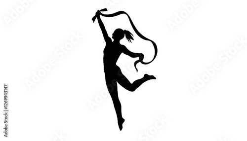 Dancer in motion joyfully leaping with ribbon on white background