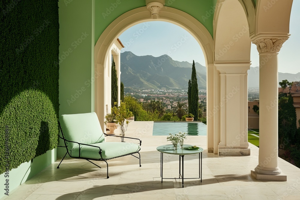 Fototapeta premium Open wide terrace in pastel mint tones, armchair and table near green wall, view of distant mountain landscape