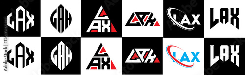 LAX letter logo design in six style. LAX polygon, circle, triangle, hexagon, flat and simple style with black and white color variation letter logo set in one artboard. LAX minimalist and classic logo