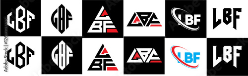 LBF letter logo design in six style. LBF polygon, circle, triangle, hexagon, flat and simple style with black and white color variation letter logo set in one artboard. LBF minimalist and classic logo